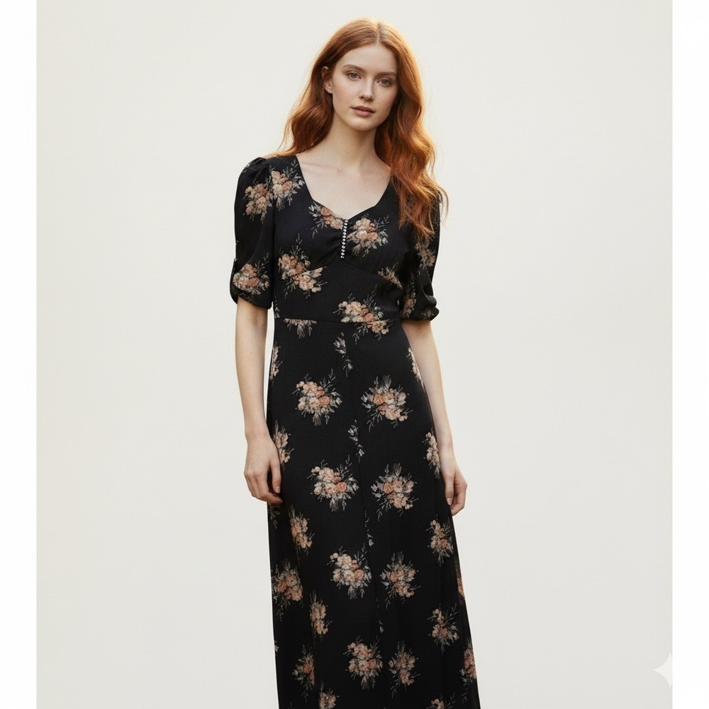 Vintage 70s Black Floral Sweetheart Neck Maxi Dress - 2-4/XS
